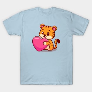 Cute Baby Tiger Holding Love Heart Cartoon T-Shirt